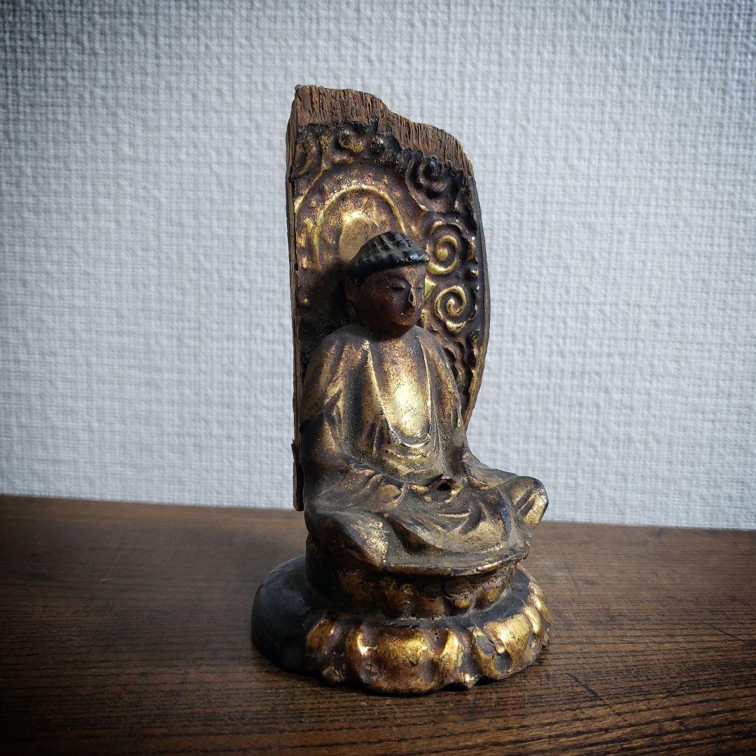 木彫 阿弥陀如来 坐像 台座　光背 小型 時代物 骨董 仏像　訳あり