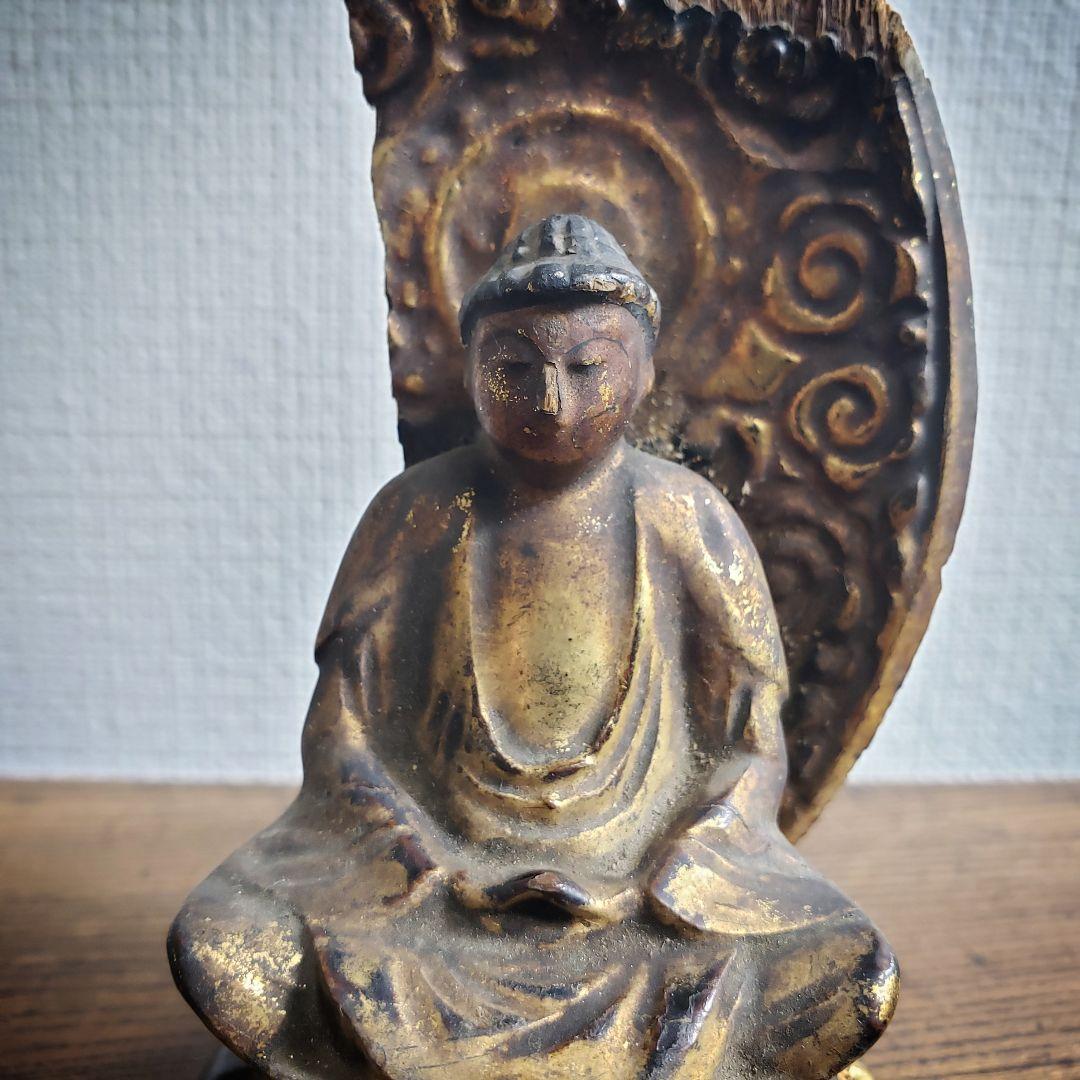 木彫 阿弥陀如来 坐像 台座　光背 小型 時代物 骨董 仏像　訳あり