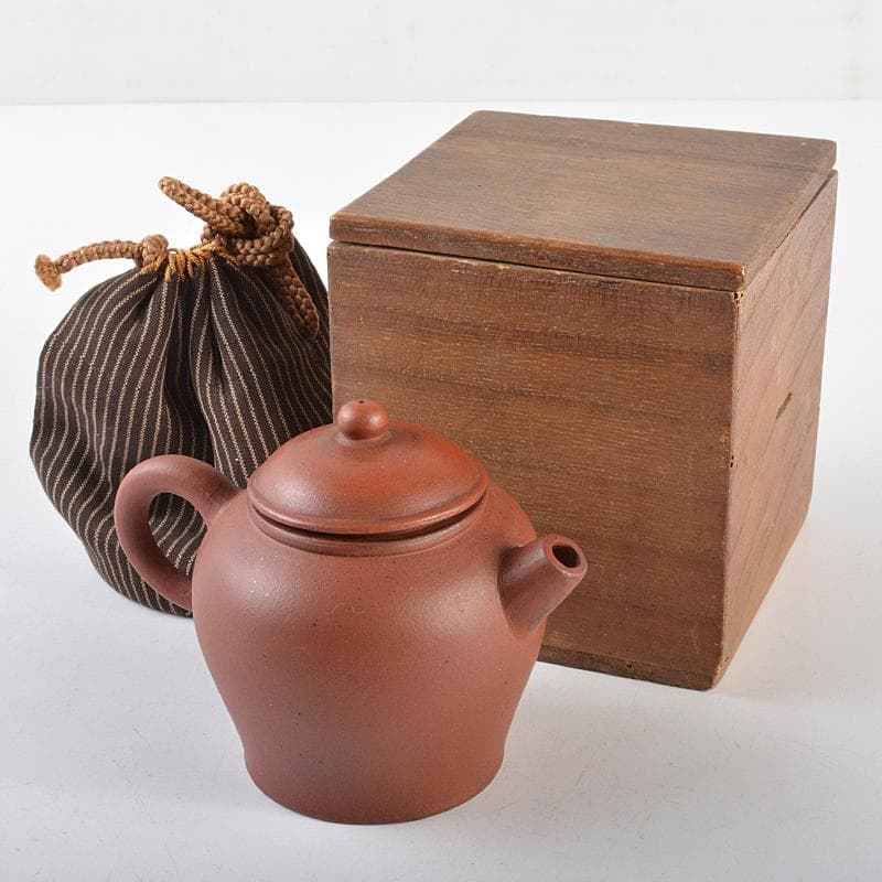 中国　紫砂　朱泥　急須　茶壷　在銘　仕覆・時代箱付　Y　R5938