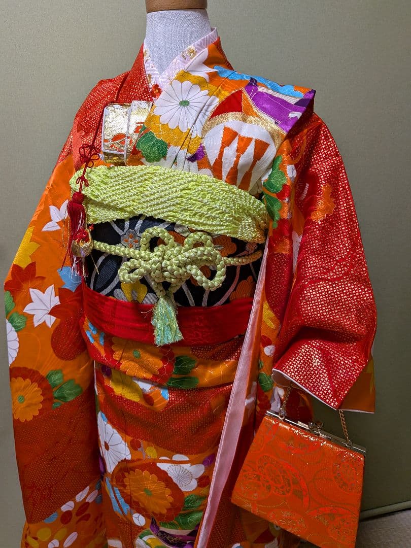 七五三　7歳用フルセット　花柄蝶デザイン着物 赤オレンジ