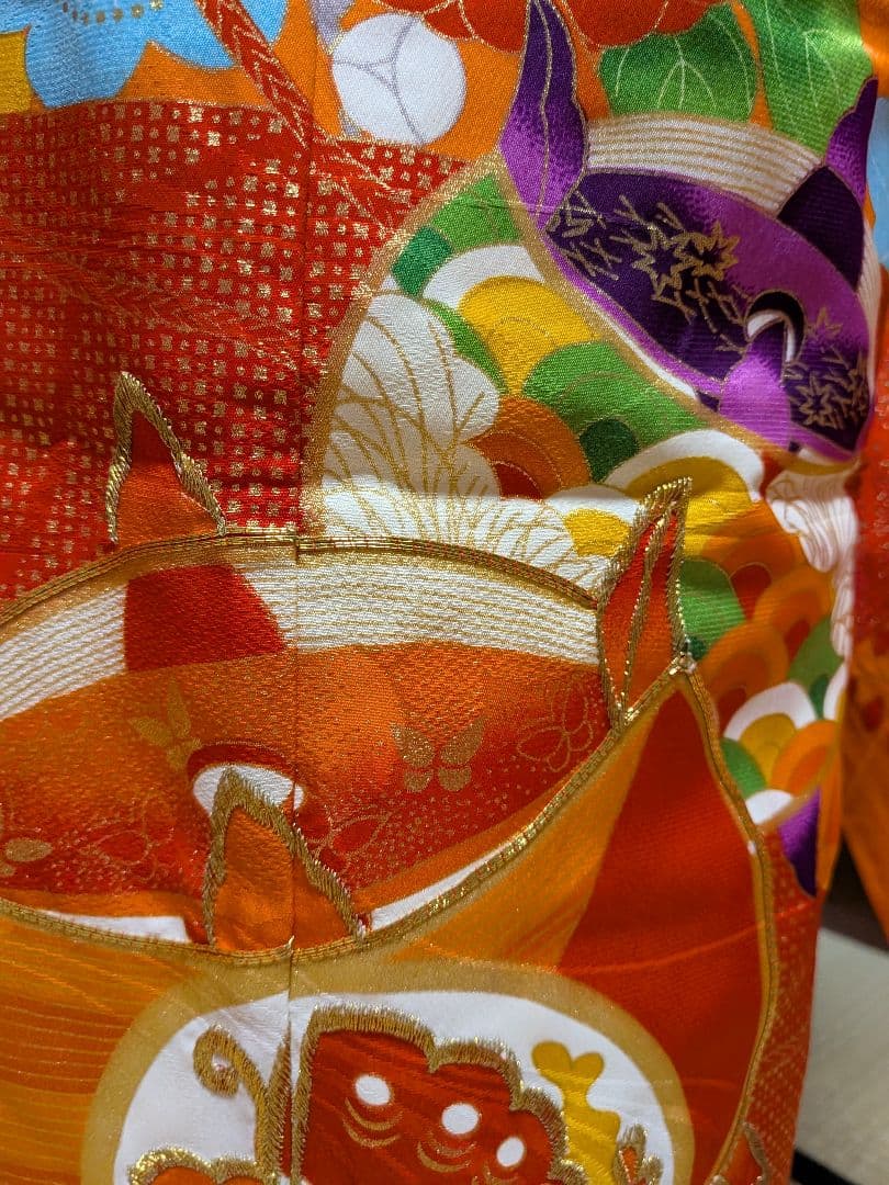 七五三　7歳用フルセット　花柄蝶デザイン着物 赤オレンジ