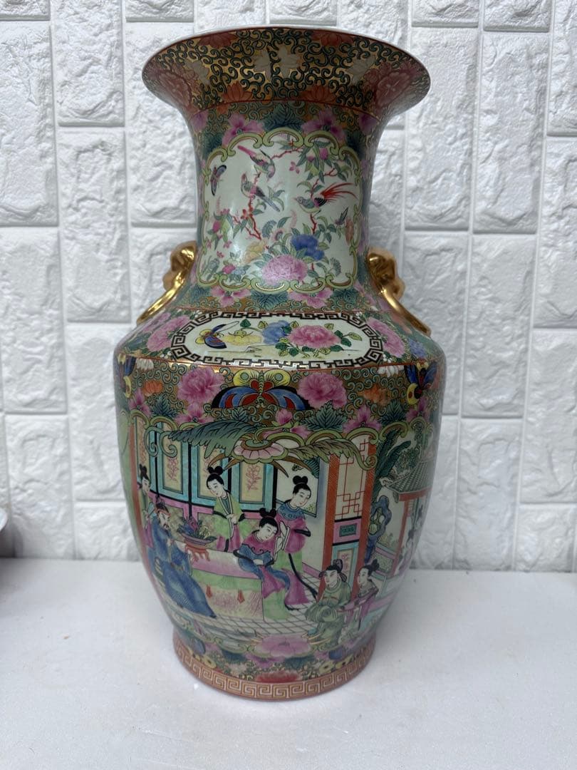 広東絵 粉彩 大花瓶 仕女図 花鳥 46cm 金彩 装飾壺　中国美術