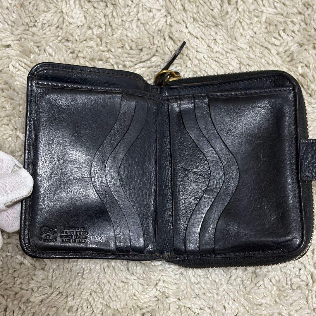 【人気】イルビゾンテ 二つ折り財布 ブラック レザー シボ 金ボタン