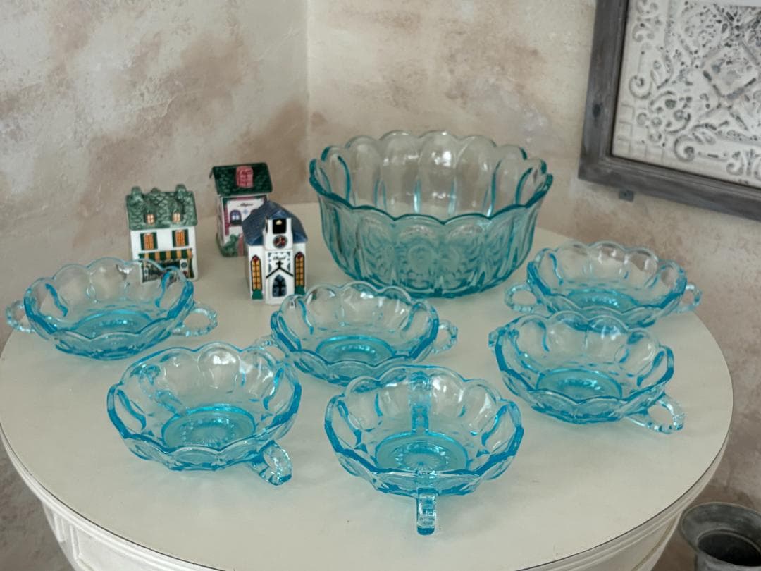 【アンカーホッキング】爽やかなブルーガラス の７点セット（ボウル×１＆小皿×６）