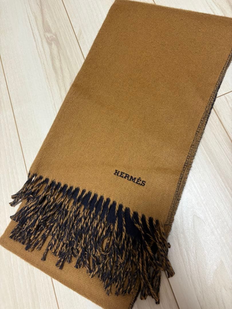 HERMÉS 100%カシミヤ マフラー キャメル/ネイビー
