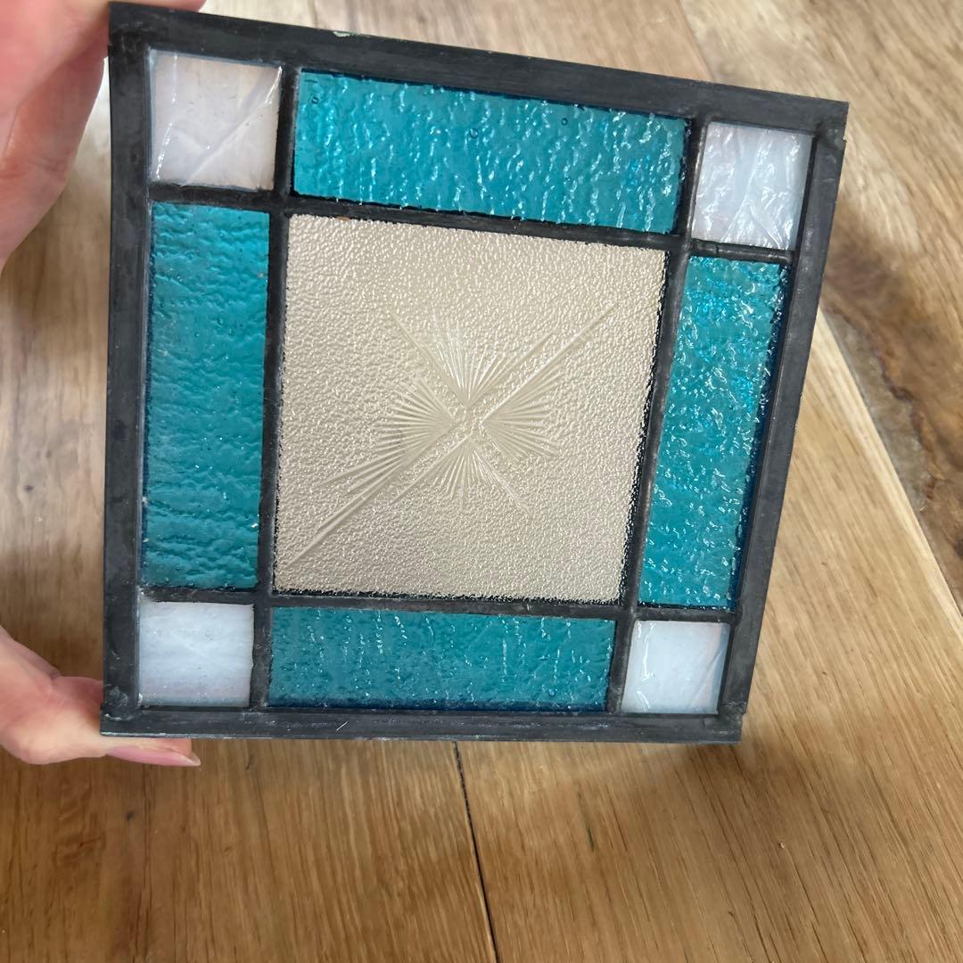 アンティーク風　輸入　ステンドグラス　ミニサイズ　ガラス　ブルー系　青