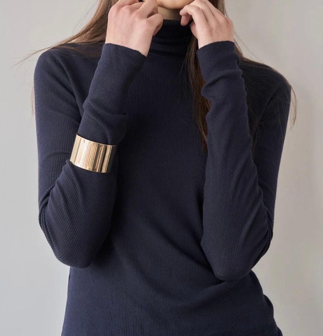 新品 SOEJU カシミヤ混タートルネックカットソー リブニット ネイビーL