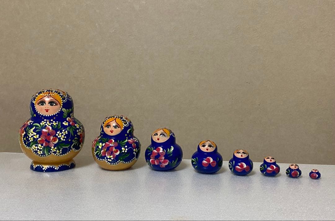 美品❗️芸術的装飾❗️ロシア マトリョーシカ 8個セット青色の花柄