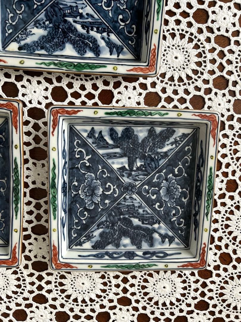 京焼 清水焼 京泉 染付山水牡丹唐草 角皿 5