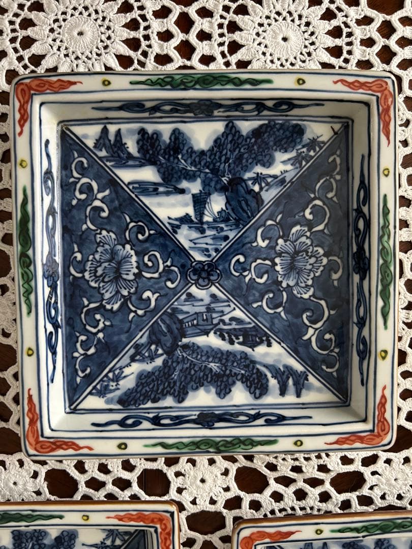 京焼 清水焼 京泉 染付山水牡丹唐草 角皿 5