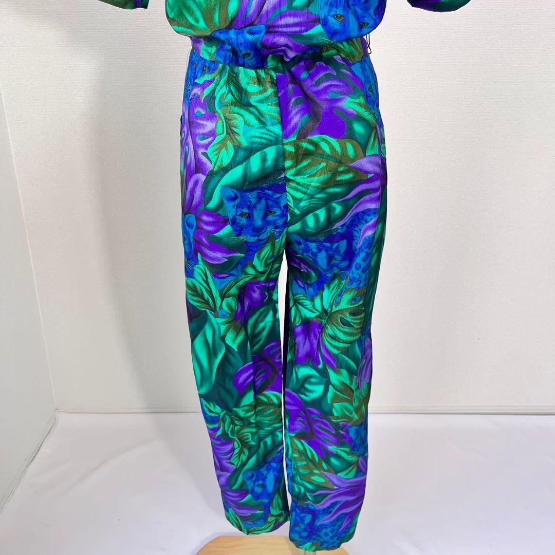 80s USA製 ボタニカル柄 ヒョウ柄 半袖 サロペットパンツ Y630