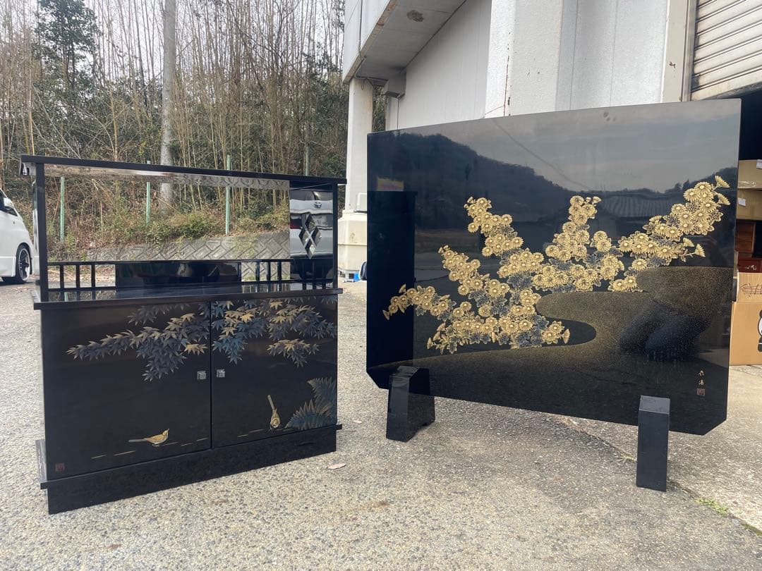 輪島塗　宮坂辰清　茶箪笥　衝立両面沈金　セット　茶道具　茶室