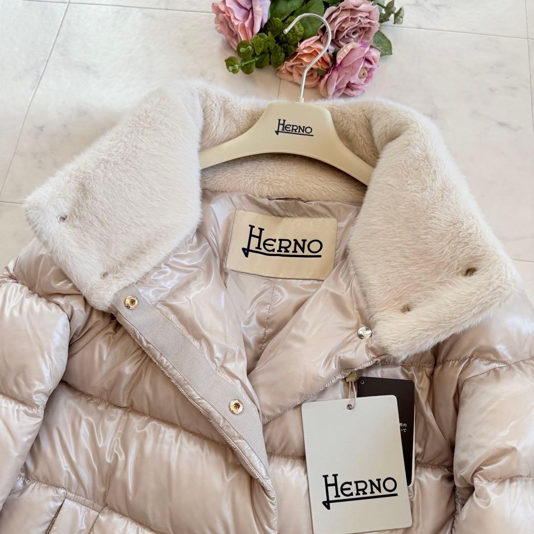 タグ付未使用★HERNO ダウンコート エコファー 異素材 切替 グレージュ42