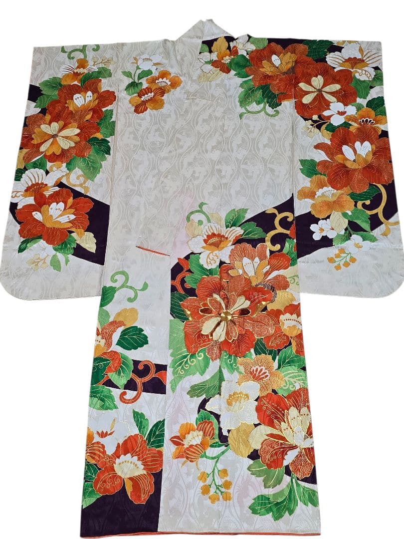 振袖　フルセット　豪華絢爛　刺繍　地文　成人式　結婚式　華やか　オレンジ　紫