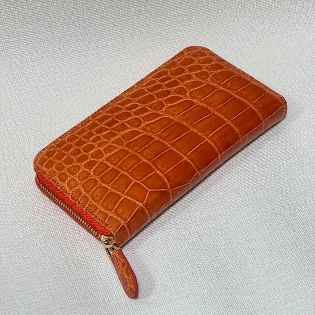 【未使用級】シャイニング クロコダイル 長財布 ラウンドジップ オレンジ