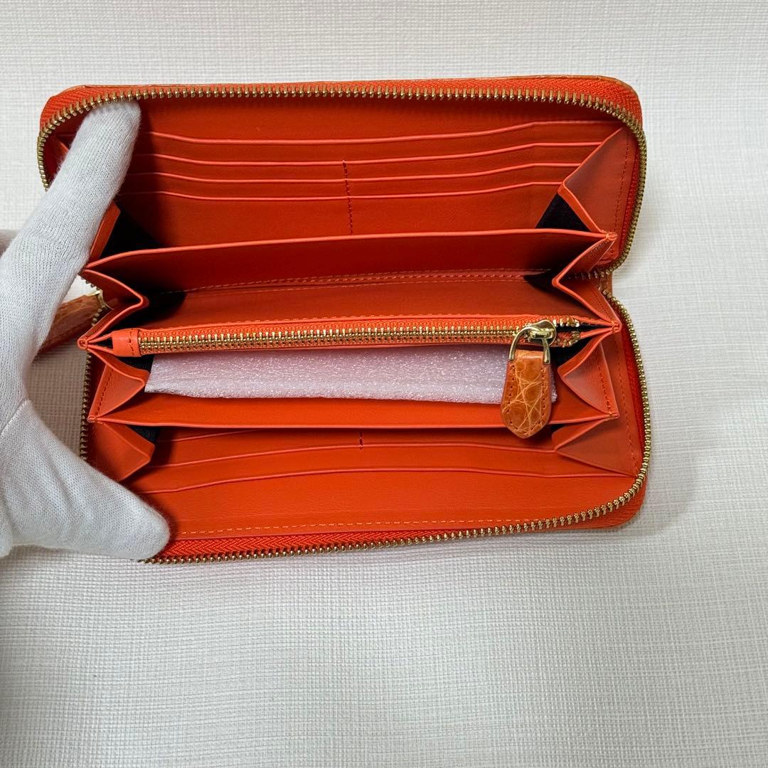 【未使用級】シャイニング クロコダイル 長財布 ラウンドジップ オレンジ