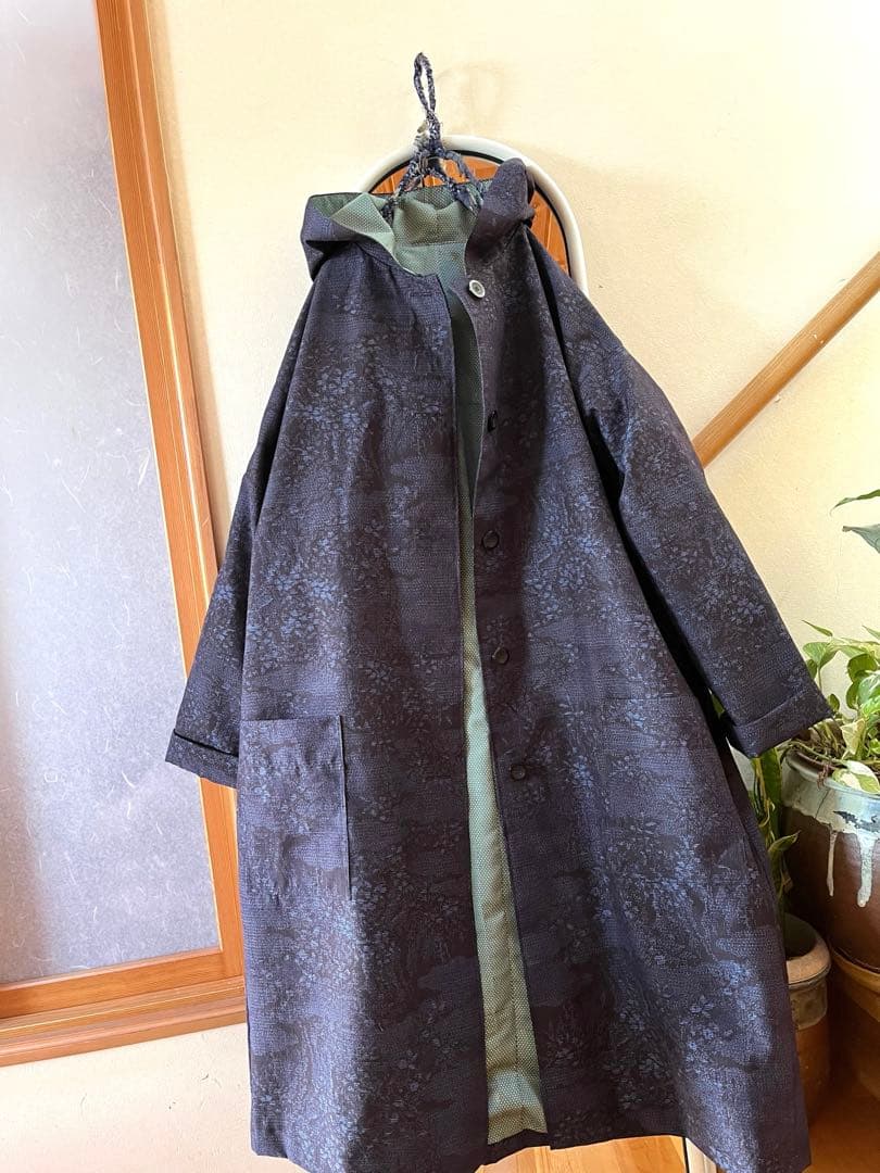 着物リメイク　結城紬コート　裏地蚊絣お召し　ハンドメイド