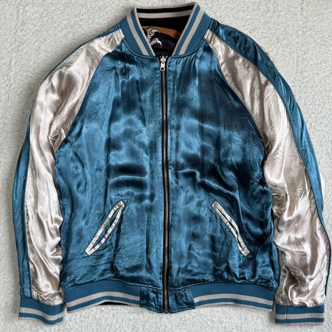 絡繰魂 粋 スカジャン 龍 桜 総柄 リバーシブル 和柄 L ブラック シルバー