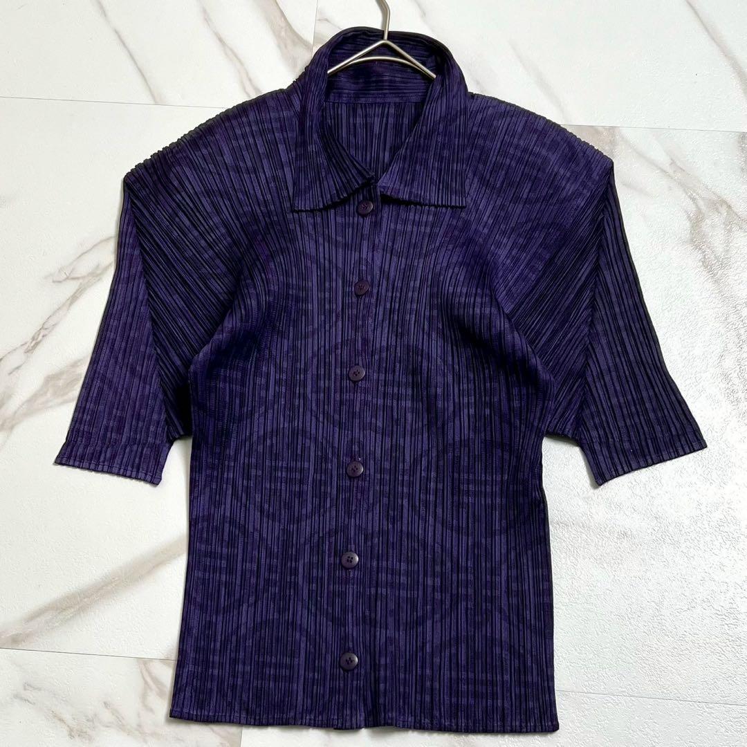 極美品 98SS プリーツプリーズ 半袖シャツ 中国小紋柄 パープル 3サイズ