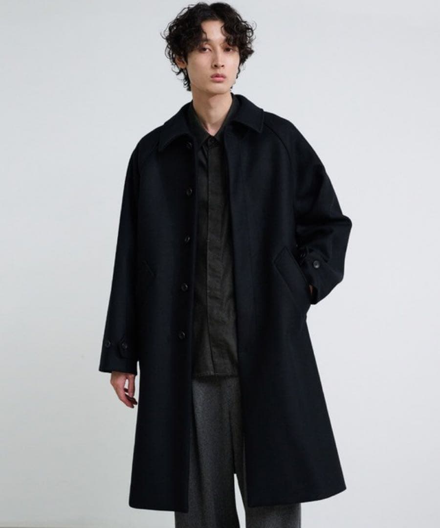 【美品】S140メルトンオーバーサイズステンカラーコート ブラック