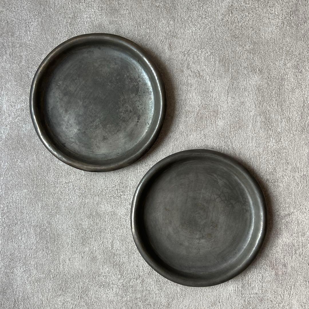 安藤雅信　銀彩ピューター渕丸プレート【カケあり】2枚セット