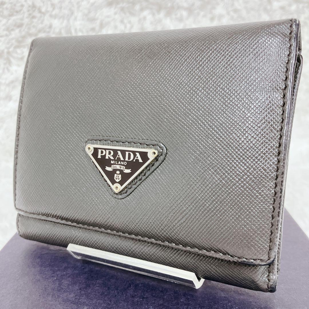 PRADA プラダ 3つ折り財布 M176サフィアーノレザー 三角ロゴ グレー