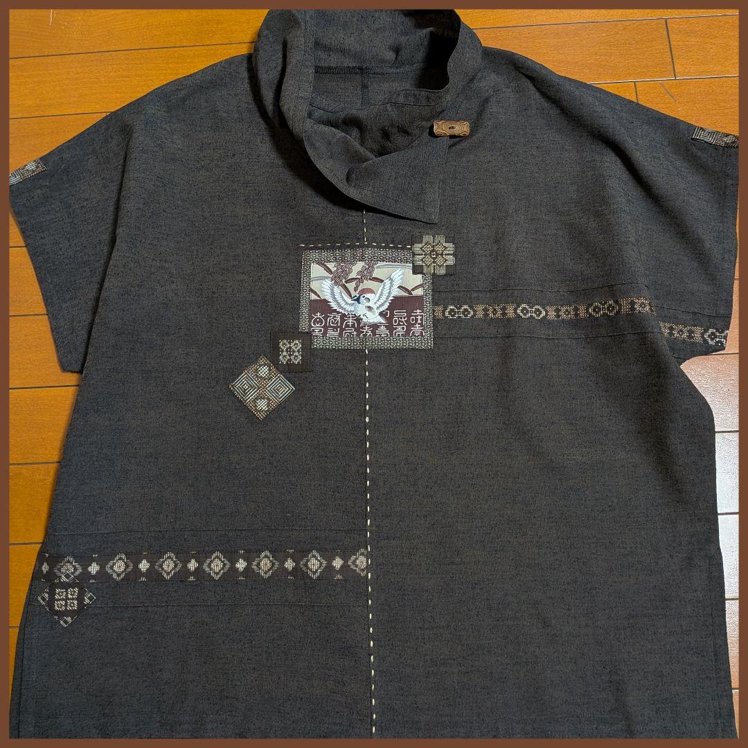 結城紬 ♥反物～古布リメイクフレンチブラウス 雀柄＆大島紬