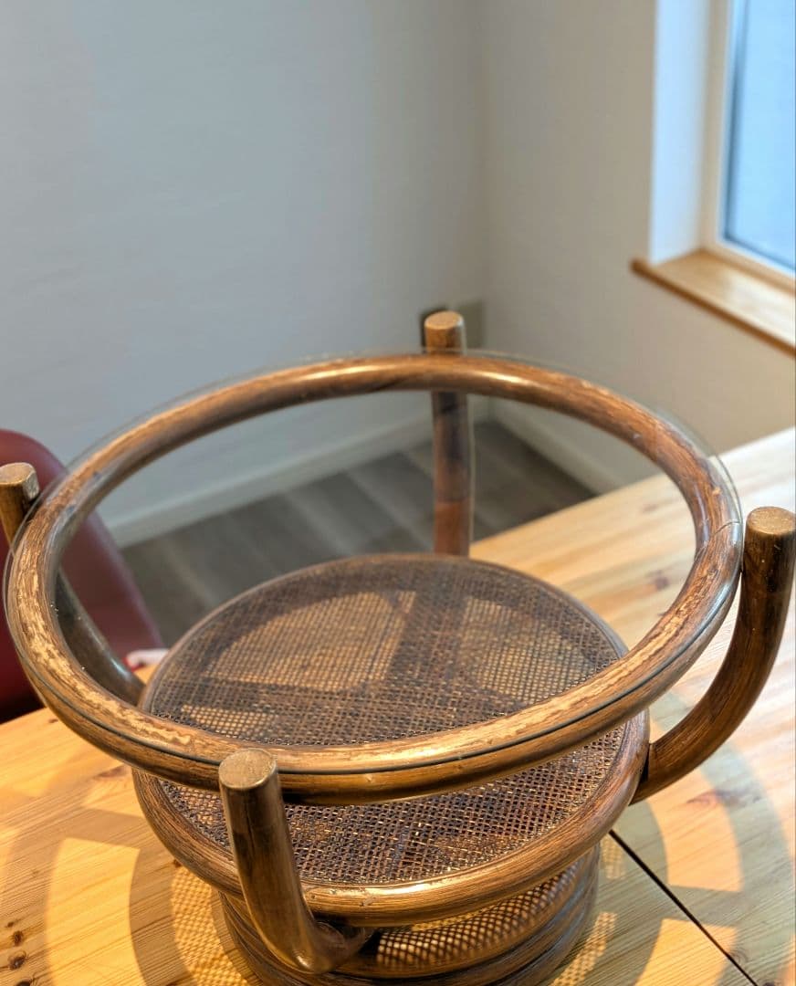ラタンテーブル　籐テーブル　ガラス　昭和レトロ　ヴィンテージ　インテリア