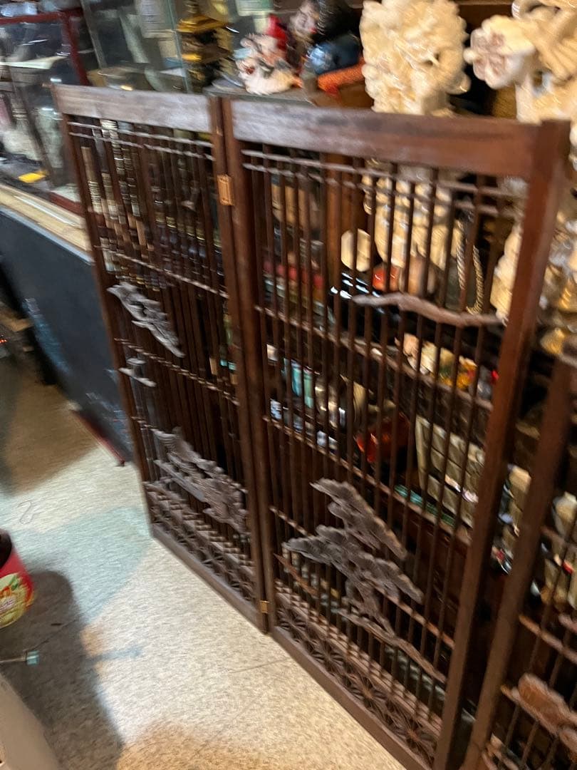 木製の彫刻障子、珍品障子、美しい障子、松の木や船、和室、衝立、風炉先 山水障子