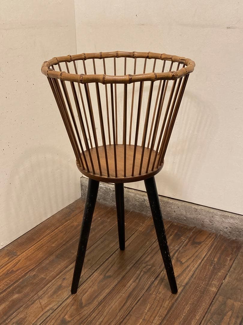 60's アンティーク 竹xチークx黒3本脚 サイドテーブル プランター 竹籠