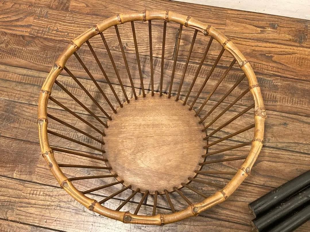 60's アンティーク 竹xチークx黒3本脚 サイドテーブル プランター 竹籠