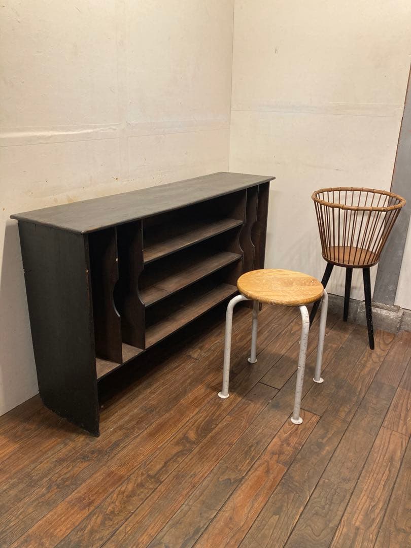 60's アンティーク 竹xチークx黒3本脚 サイドテーブル プランター 竹籠