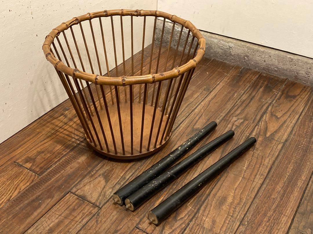 60's アンティーク 竹xチークx黒3本脚 サイドテーブル プランター 竹籠