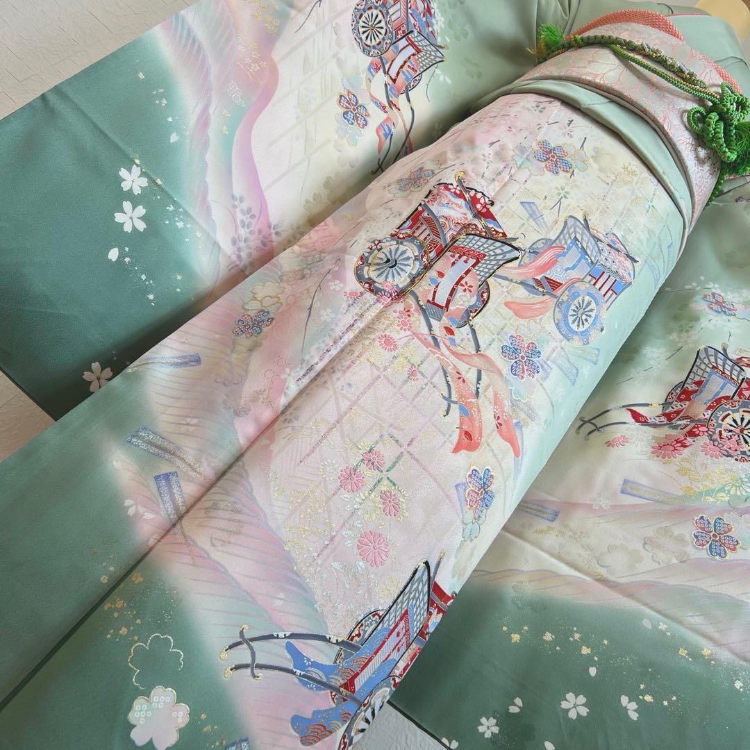 457 振袖フルセット 正絹 緑 グリーン ピンク 桃 金彩 駒刺繍 暈し染め