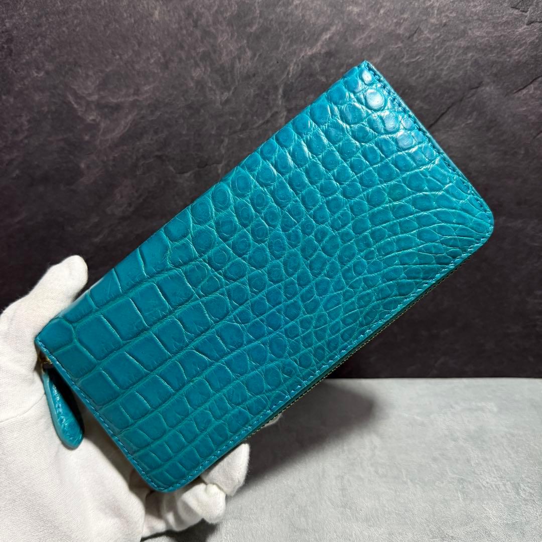 新品 クロコダイル 長財布 ターコイズブルー マット仕上げ ゴールドファスナー