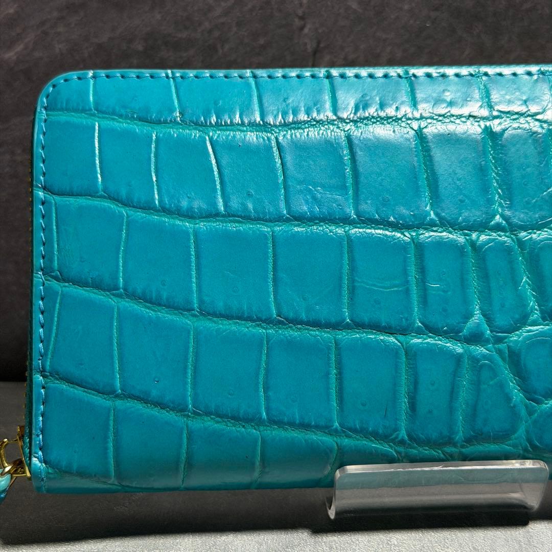 新品 クロコダイル 長財布 ターコイズブルー マット仕上げ ゴールドファスナー