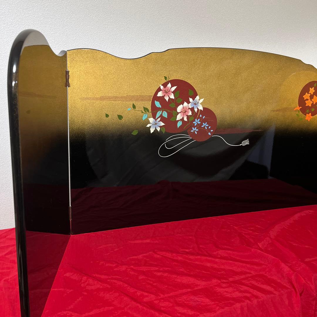 未使用　金彩　塗り　三曲 屏風　ひな祭り　インテリア 上品な屏風　15号　月の花