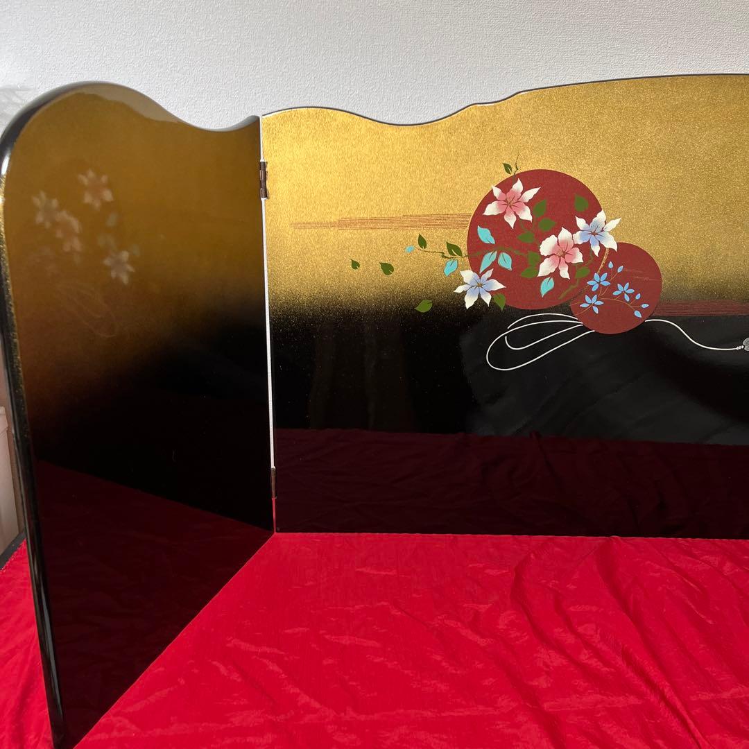 未使用　金彩　塗り　三曲 屏風　ひな祭り　インテリア 上品な屏風　15号　月の花