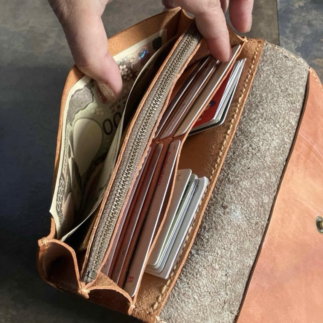 本革☆ハラコ財布　サーモンオレンジ　ドット柄ハラコ　長財布