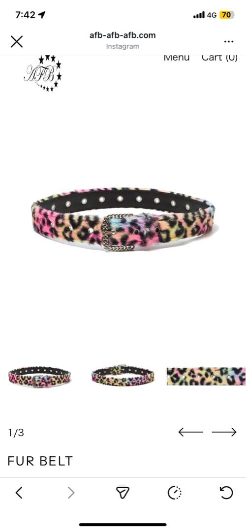 afb ヒョウ柄ファーベルト Lサイズ　虹色　カラフル 一回だけ着用　美品