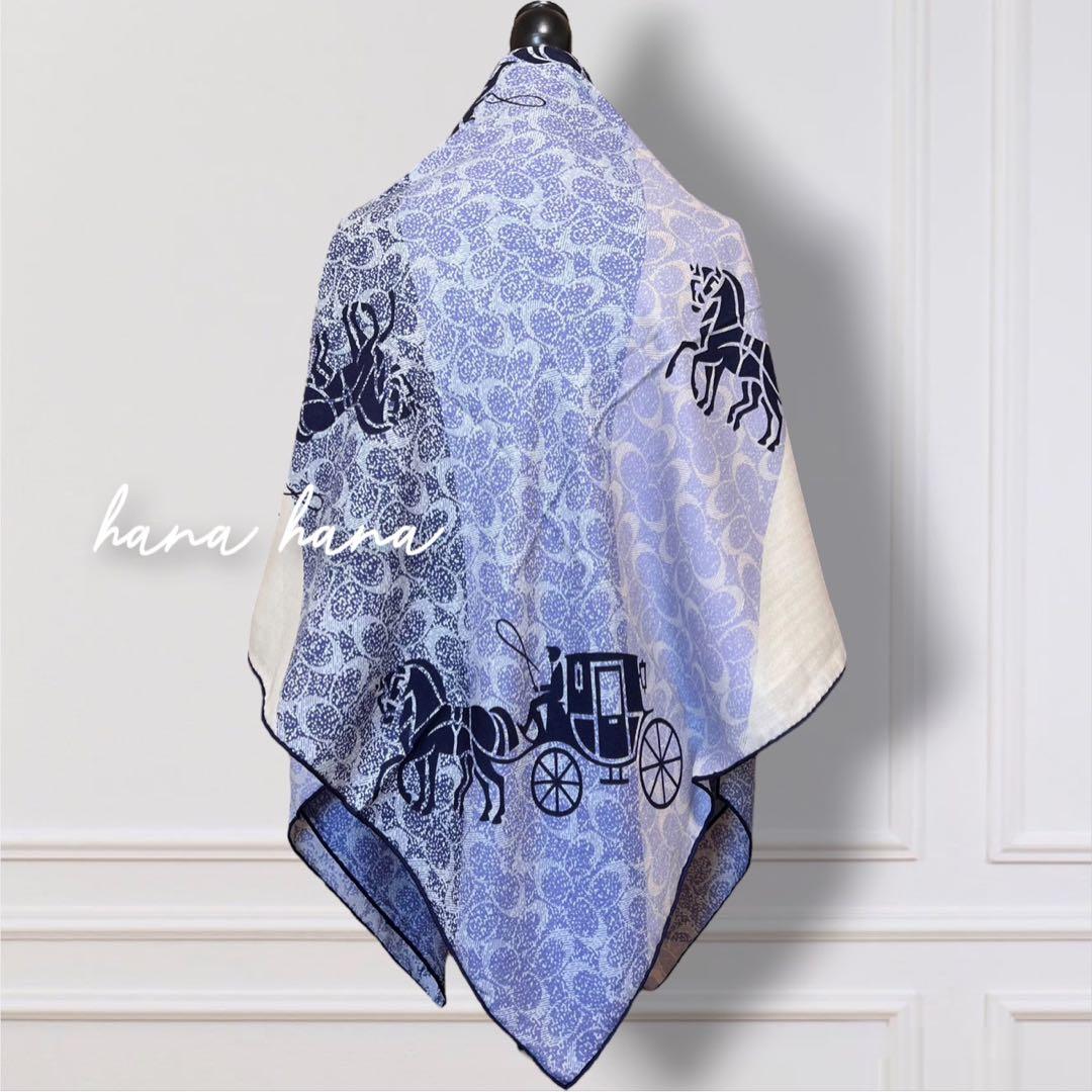大判 ウール シルク ストール ショール 馬車 ブルー 青 スカーフ 薄手