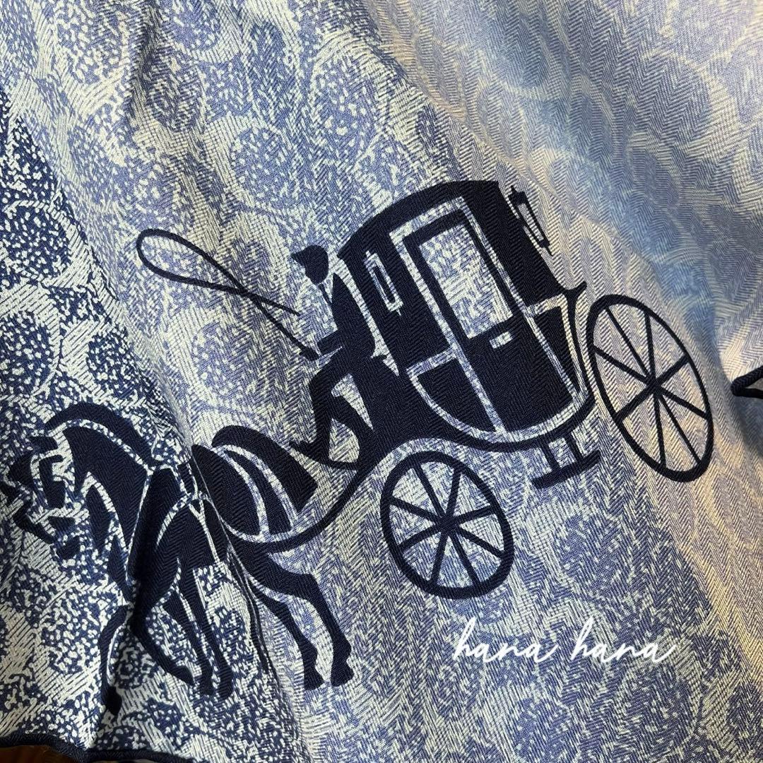 大判 ウール シルク ストール ショール 馬車 ブルー 青 スカーフ 薄手