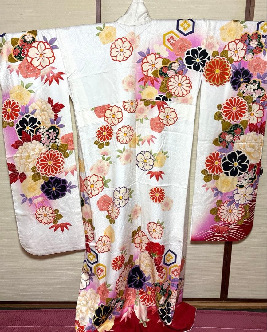 SHIRO✿ 白 八重桜 牡丹柄 振袖 身丈161