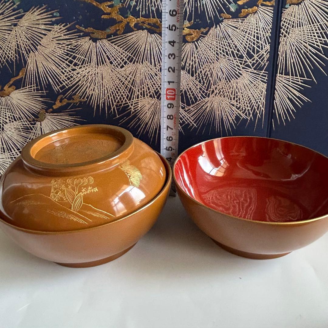 輪島塗 天然木製 松蒔絵　金縁 菓子椀　煮物椀　6客