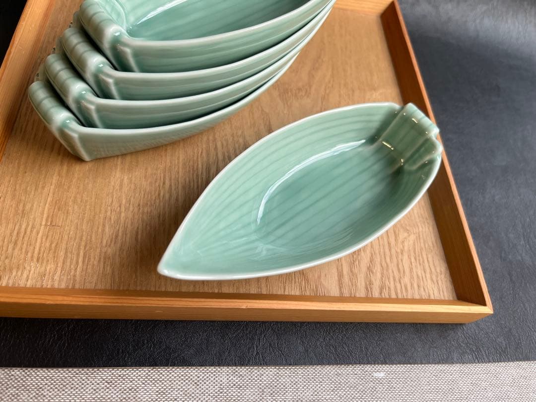 深川製磁　百年庵　笹青磁　笹舟取皿揃