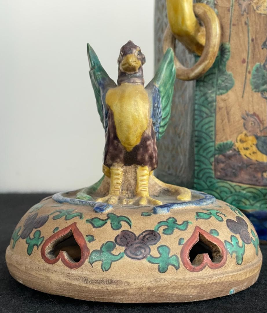 希少 古九谷 青九谷 青手 香炉 角福 1800年 香炉 鳳凰 獅子 吉田屋