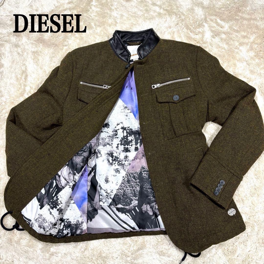 【美品】DIESEL ディーゼル 裏地アート総柄 ウールジャケット 襟レザー　M