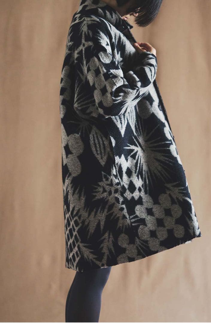 15年winterヨーガンレール ジャカードフェルトのコート ウール ネイビー