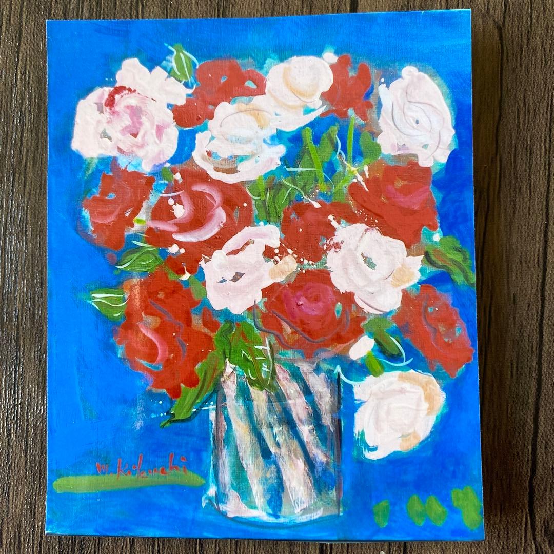 ラブリィな絵画　油彩画　エレガント　青　薔薇　インテリア　額付き　ゴージャス