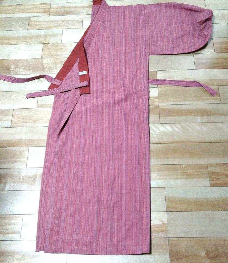 會津もめん　着物羽織風割烹着 オレンジとピンクのストライプ 綿100%　かねふく